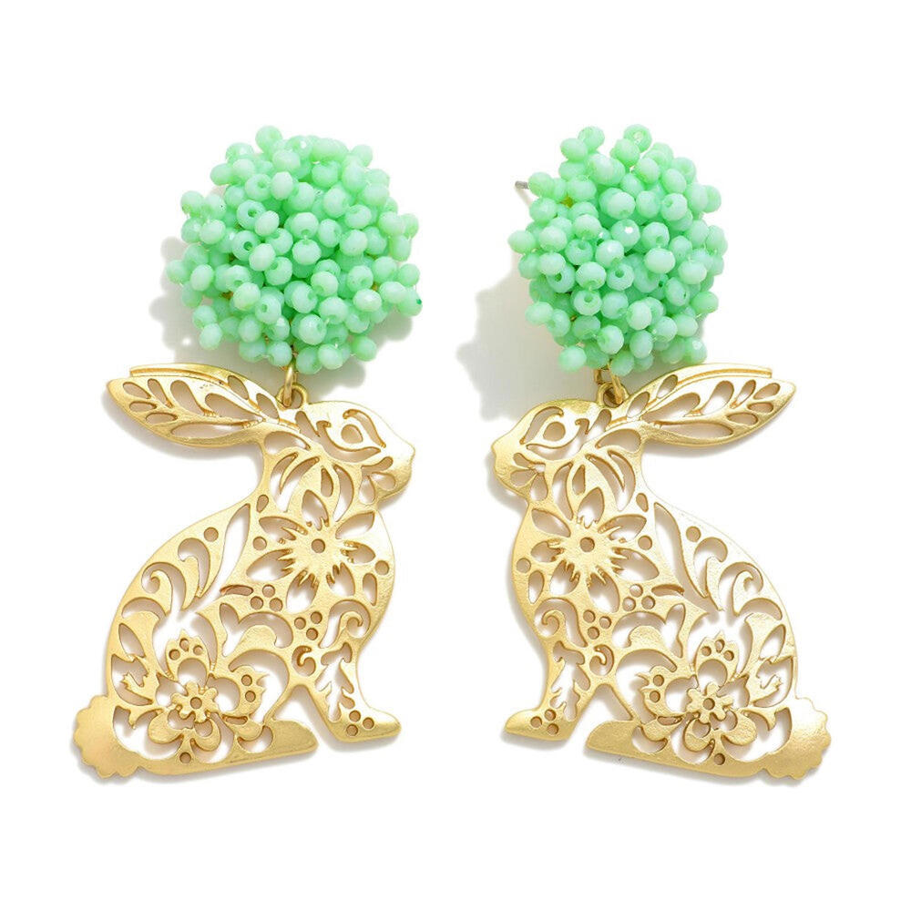 Metal Tone Easter Bunny Post Drop Earrings  Bead Cluster Post - Mint